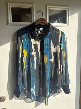DKNY Women’s XS Abstract Sheer Blouse Blue, Yellow & Cream Brushstroke Print
